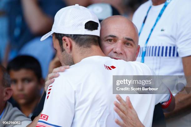 Andre Agassi watches the second round match between Novak Djokovic of Serbia and Gael Monfils of France on day four of the 2018 Australian Open at...