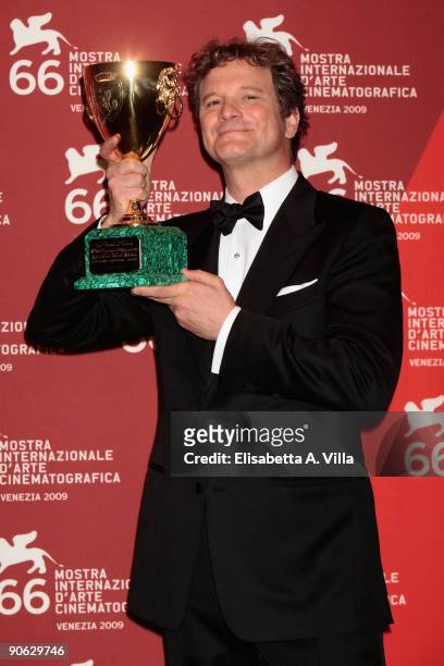 Actor Colin Firth holds his Best Actor award during the Closing Ceremony Photocall at the Sala Grande during the 66th Venice Film Festival on...