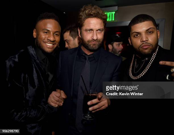 Actors Mo McRae, Gerard Butler and O'Shea Jackson Jr. Attend the after party for the premiere of STX Films' "Den Of Thieves" at WP24 Restaurant in...
