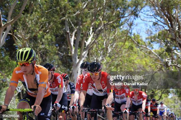 Caleb Ewan of Australia and Mitchelton-Scott and Adam Hansen of Australia and Lotto Soudal compete during stage three of the 2018 Tour Down Under on...