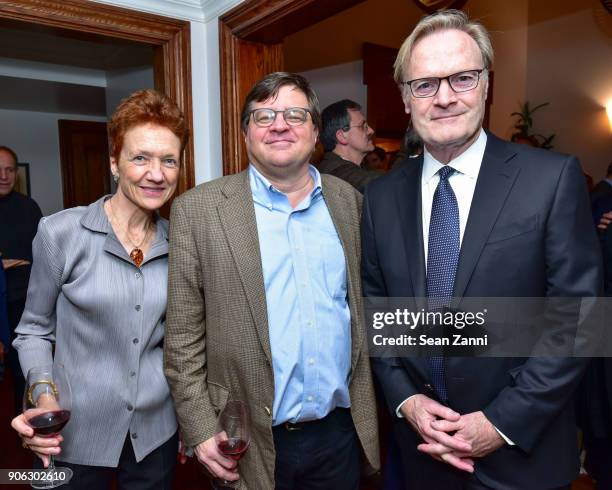 Louise Nicholson, James Ledbetter and Lawrence O'Donnell attend publisher Henry Holt toasts Michael Wolff's "Fire and Fury" at Private Residence on...