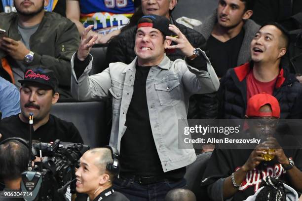 Actor Adam DeVine attends a basketball game between the Los Angeles Clippers and the Denver Nuggets at Staples Center on January 17, 2018 in Los...