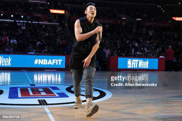 Singer Justin Park performs at halftime of a basketball game between the Los Angeles Clippers and the Denver Nuggets at Staples Center on January 17,...