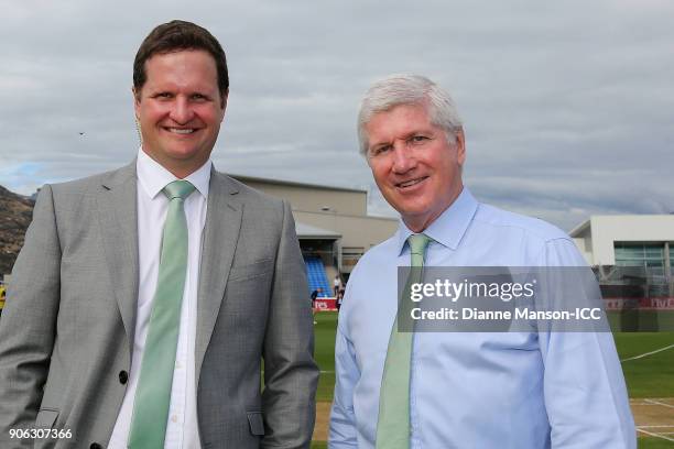 Commentators Rob Key and Alan Wilkins pose for a photo ahead of the ICC U19 Cricket World Cup match between Bangladesh and England at John Davies on...