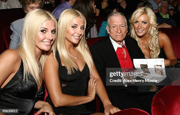 Publisher Hugh Hefner with Karissa Shannon, Kristina Shannon and Crystal Harris attend the "Hugh Hefner: Playboy, Activist And Rebel" premiere held...