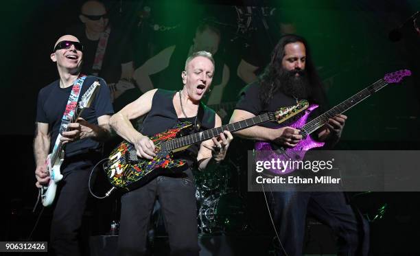 Guitarists Joe Satriani, Phil Collen and John Petrucci perform as part of the G3 concert tour at Brooklyn Bowl Las Vegas at The Linq Promenade on...