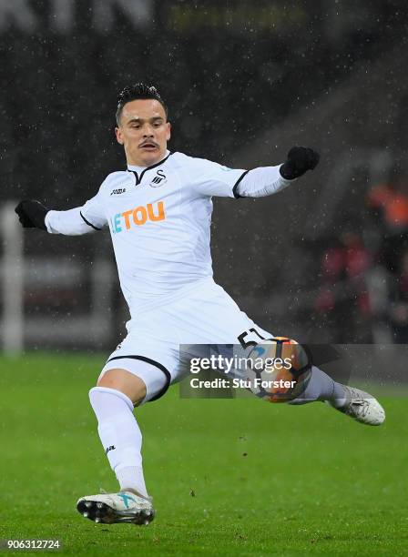 Swansea City player Roque Mesa in action during the Emirates FA Cup third round replay between Swansea City and Wolverhampton Wanderers at Liberty...