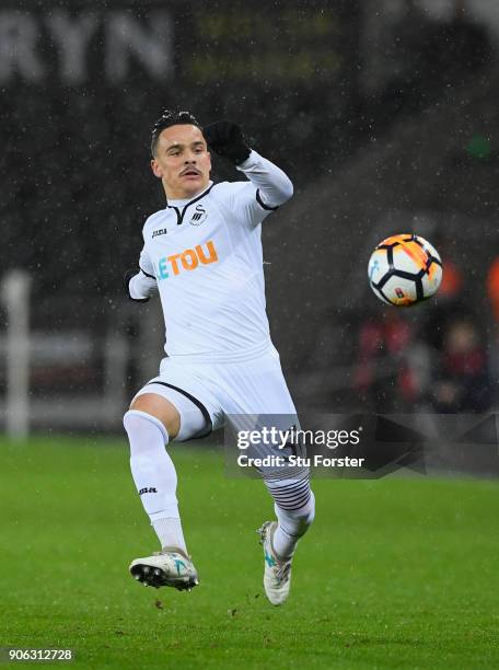 Swansea City player Roque Mesa in action during the Emirates FA Cup third round replay between Swansea City and Wolverhampton Wanderers at Liberty...