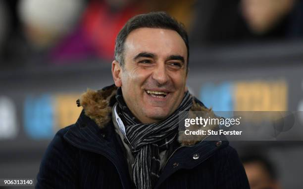 Swansea City manager Carlos Carvalhal reacts during the Emirates FA Cup third round replay between Swansea City and Wolverhampton Wanderers at...