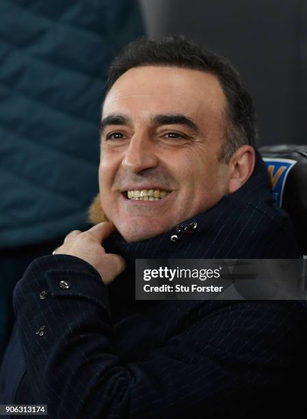 Swansea City manager Carlos Carvalhal reacts during the Emirates FA Cup third round replay between Swansea City and Wolverhampton Wanderers at...