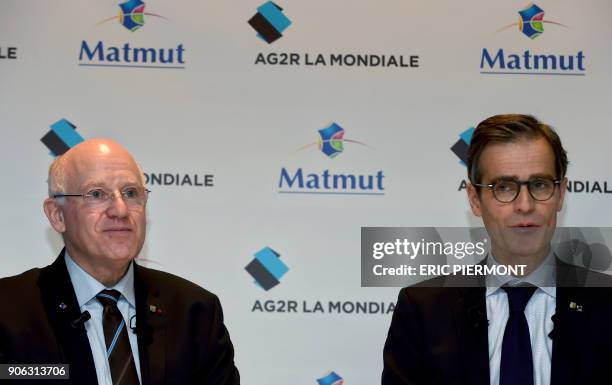 Of French insurance groups AG2R-La Mondiale Andre Renaudin and Matmut Nicolas Gomart give a press conference about a merger project in Paris on...