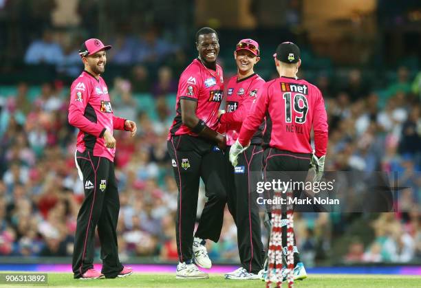 Carlos Brathwaite of the Sixers celebrates bowling Yasir Shah of the Heat during the Big Bash League match between the Sydney Sixers and the Brisbane...