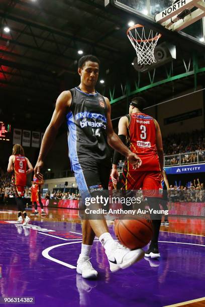 Mika Vukona of the Breakers kicks the ball after a stoppage during the round 16 NBL match between the New Zealand Breakers and Melbourne United at...