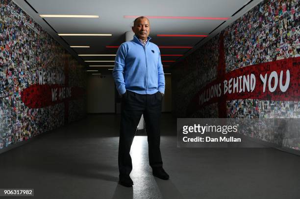Eddie Jones head coach of England poses prior to a press conference to announce the England 6 Nations squad at Pennyhill Park on January 18, 2018 in...