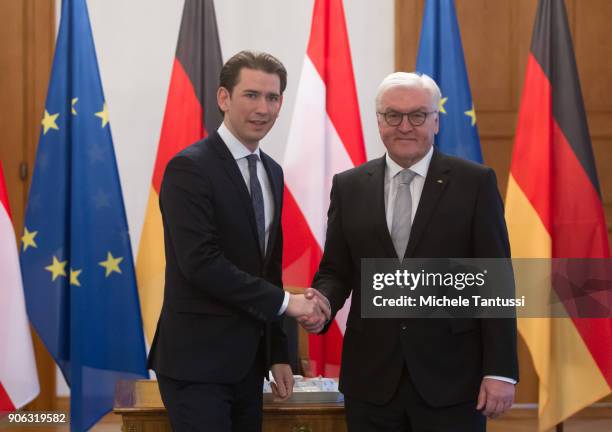 Austrian Chancellor Sebastian Kurz signs the Guestbook and President Frank-Walter Steinmeier shake hands after the Guestbook sign in the Bellevue...