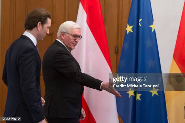 Austrian Chancellor Sebastian Kurz and German federal President Frank-Walter Steinmeier arrive in the Bellevue Castle on January 18, 2018 in Berlin,...