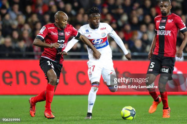 Maxwell Cornet of Lyon and Jeremy Sorbon of Guingamp during the Ligue 1 match between EA Guingamp and Olympique Lyonnais at Stade du Roudourou on...