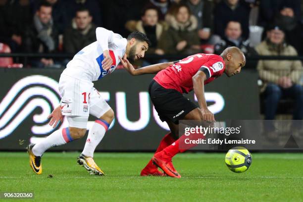 Nabil Fekir of Lyon and Jeremy Sorbon of Guingamp during the Ligue 1 match between EA Guingamp and Olympique Lyonnais at Stade du Roudourou on...