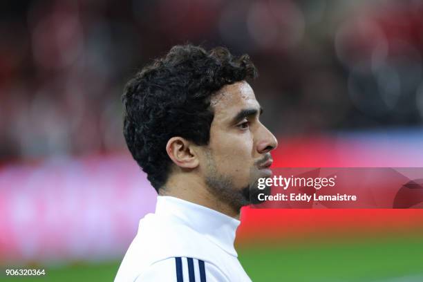 Rafael Da Silva of Lyon during the warm up before the Ligue 1 match between EA Guingamp and Olympique Lyonnais at Stade du Roudourou on January 17,...