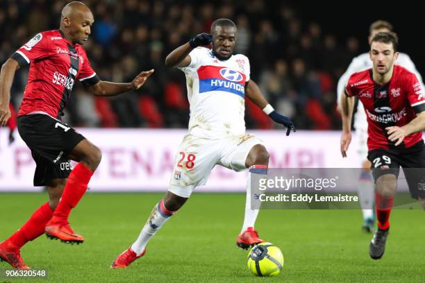 Tanguy Ndombele of Lyon during the Ligue 1 match between EA Guingamp and Olympique Lyonnais at Stade du Roudourou on January 17, 2018 in Guingamp, .
