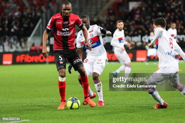 Moustapha Diallo of Guingamp during the Ligue 1 match between EA Guingamp and Olympique Lyonnais at Stade du Roudourou on January 17, 2018 in...