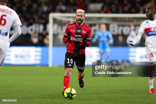 Nicolas Benezet of Guingamp during the Ligue 1 match between EA Guingamp and Olympique Lyonnais at Stade du Roudourou on January 17, 2018 in...