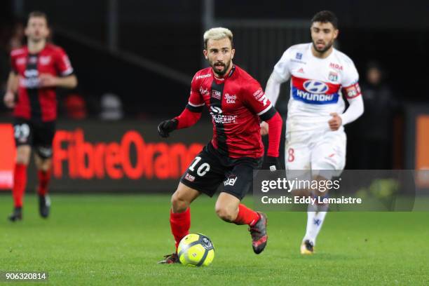 Nicolas Benezet of Guingamp during the Ligue 1 match between EA Guingamp and Olympique Lyonnais at Stade du Roudourou on January 17, 2018 in...