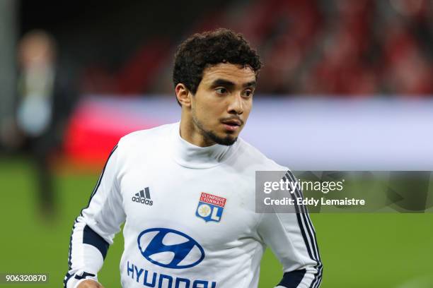 Rafael Da Silva of Lyon during the warm up before the Ligue 1 match between EA Guingamp and Olympique Lyonnais at Stade du Roudourou on January 17,...