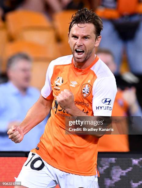 Brett Holman of the Roar celebrates scoring a goal during the round 17 A-League match between the Brisbane Roar and the Perth Glory at Suncorp...