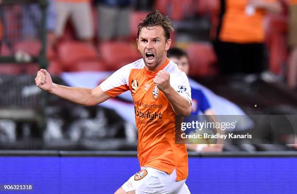 Brett Holman of the Roar celebrates scoring a goal during the round 17 A-League match between the Brisbane Roar and the Perth Glory at Suncorp...