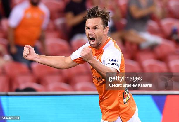 Brett Holman of the Roar celebrates scoring a goal during the round 17 A-League match between the Brisbane Roar and the Perth Glory at Suncorp...