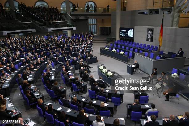Bundestag President Wolfgang Schaeuble speaks at a memorial ceremony for late former Bundestag President Philipp Jenninger in the Bundestag plenary...