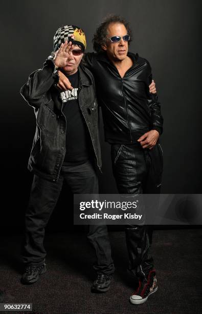 Alan Vega and Martin Rev of Suicide pose for a portrait at ATP New York 2009 festival at the Kutsheris Country Club on September 11, 2009 in...