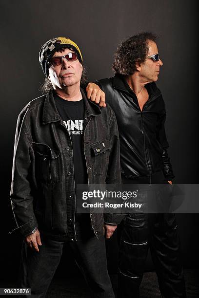 Alan Vega and Martin Rev of Suicide pose for a portrait at ATP New York 2009 festival at the Kutsheris Country Club on September 11, 2009 in...