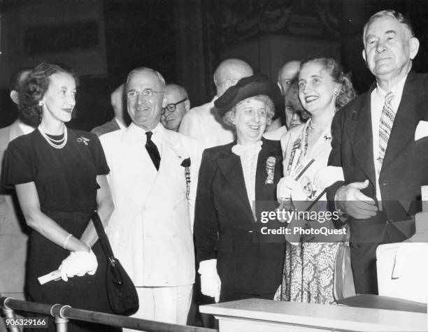 American politicians and Democratic Party nominees US President Harry S Truman and his running mate, Senator Alben W Barkley , pose with family...