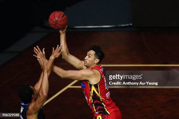 Tai Wesley of United puts up a shot during the round 16 NBL match between the New Zealand Breakers and Melbourne United at North Shore Events Centre...