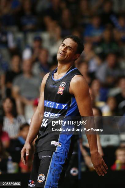 Mika Vukona of the Breakers reacts during the round 16 NBL match between the New Zealand Breakers and Melbourne United at North Shore Events Centre...