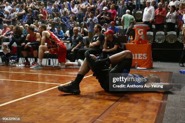 Edgar Sosa of the Breakers suffers an injury during the round 16 NBL match between the New Zealand Breakers and Melbourne United at North Shore...