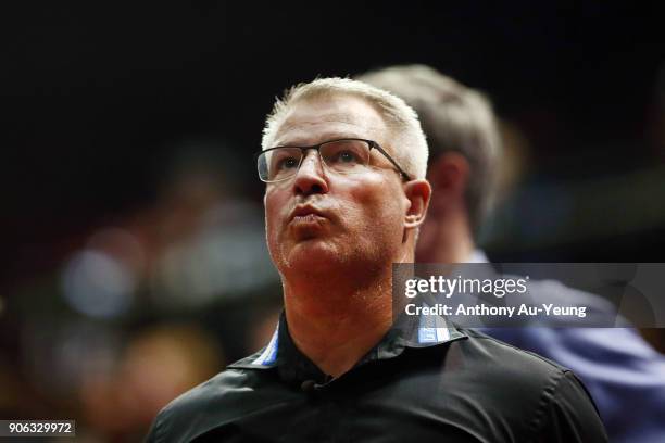 Head Coach Dean Vickerman of United looks on during the round 16 NBL match between the New Zealand Breakers and Melbourne United at North Shore...