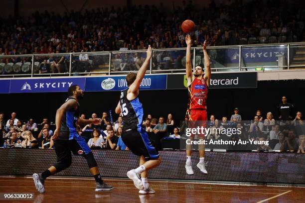 Chris Goulding of United takes a three pointer during the round 16 NBL match between the New Zealand Breakers and Melbourne United at North Shore...