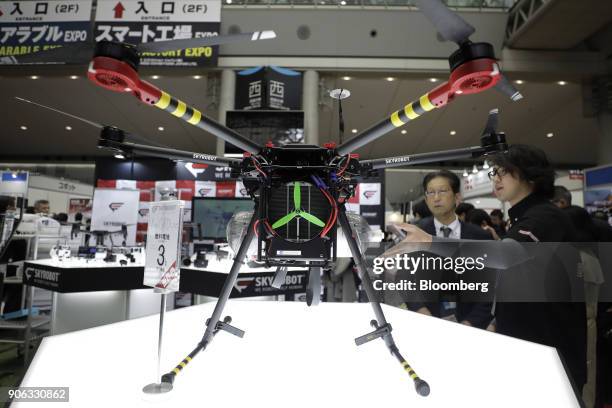 Skyrobot Inc. Fuel cell drone stands on display at the RoboDEX event in Tokyo, Japan, on Thursday, Jan. 18, 2018. The business expo on robots and its...