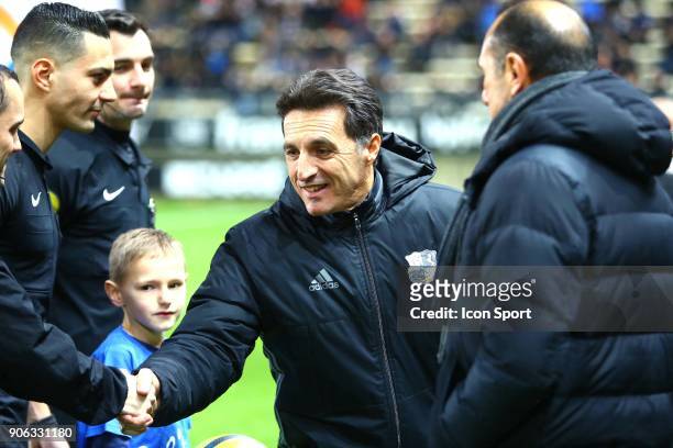 Christophe coach of Amiens during the Ligue 1 match between Amiens SC and Montpellier Herault SC at Stade de la Licorne on January 17, 2018 in...
