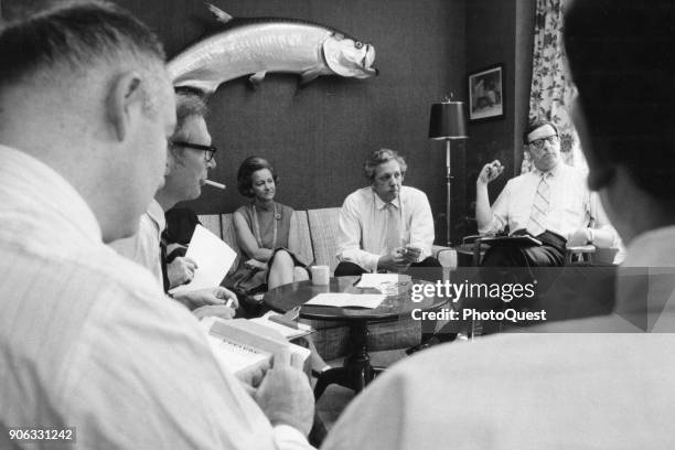 American publisher and President of the Washington Post Company Katherine Graham meets with editors of Newsweek magazine, among them Kermit Lansner ,...