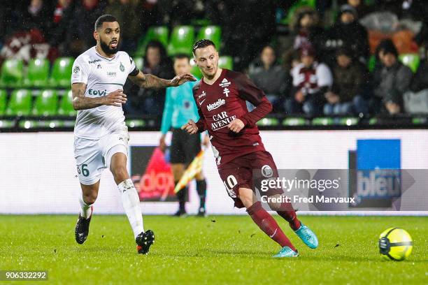 Yann M'Vila of Saint Etienne and Brian Fernandez of Metz during the Ligue 1 match between Metz and AS Saint-Etienne at on January 17, 2018 in Metz, .