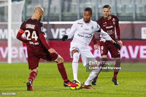 Renaud Cohade of Metz and Hernani of Saint Etienne and Nolan Roux of Metz during the Ligue 1 match between Metz and AS Saint-Etienne at on January...