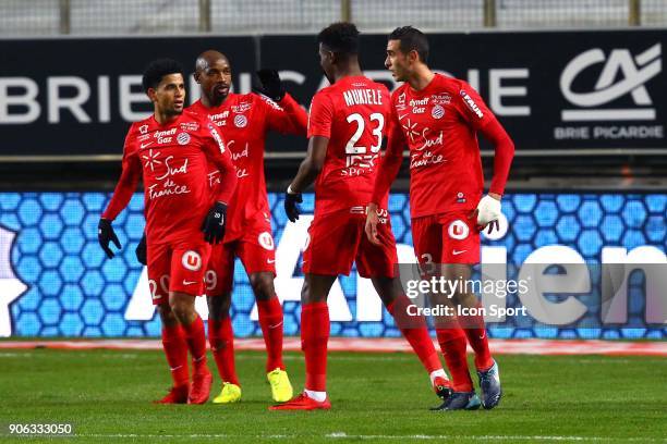 Ellyes of Montpellier and DOLLY Keagan of Montpelliercelebrate his goal during the Ligue 1 match between Amiens SC and Montpellier Herault SC at...