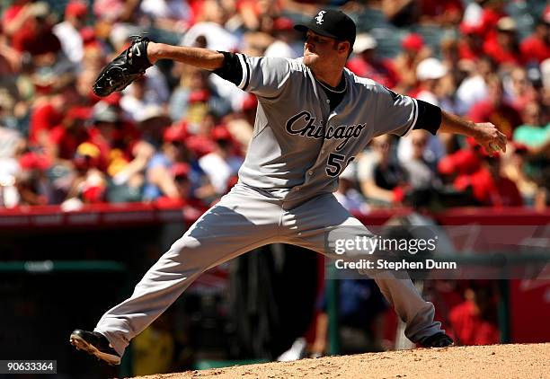 Pitcher John Danks of the Chicago White Sox throws a pitch against the Los Angeles Angels of Anaheim on September 12, 2009 at Angel Stadium in...