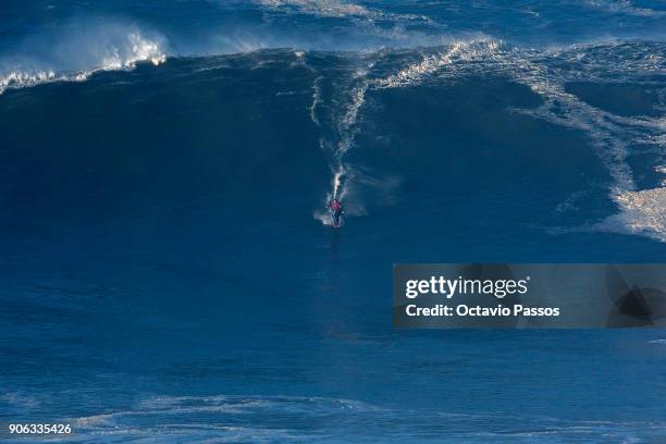 Australian big wave surfer Ross Clarke-Jones, drops a wave during a surf session at Praia do Norte on January 18, 2018 in Nazare, Portugal.