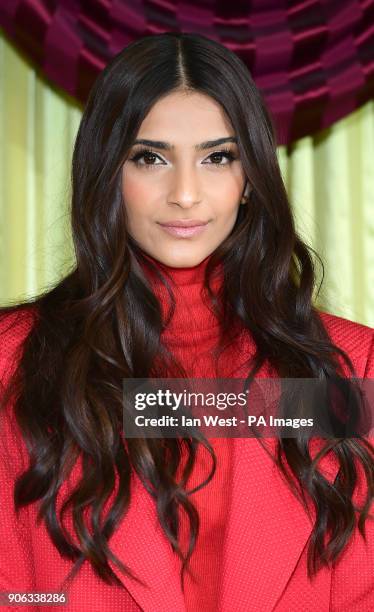 Sonam Kapoor attends a photo call for Pad Man at the Bentley Hotel in Kensington, London.