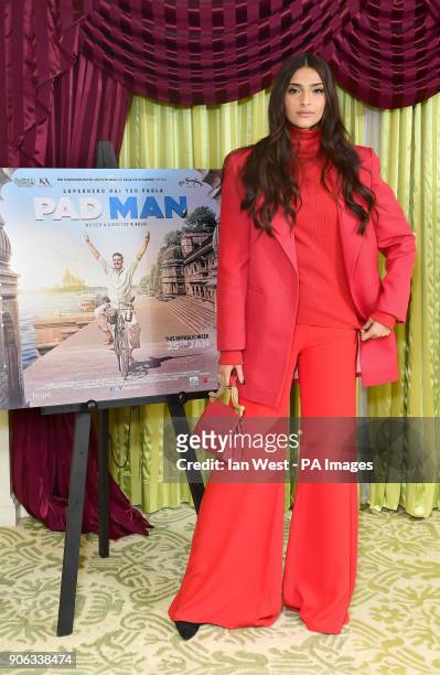 Sonam Kapoor attends a photo call for Pad Man at the Bentley Hotel in Kensington, London.